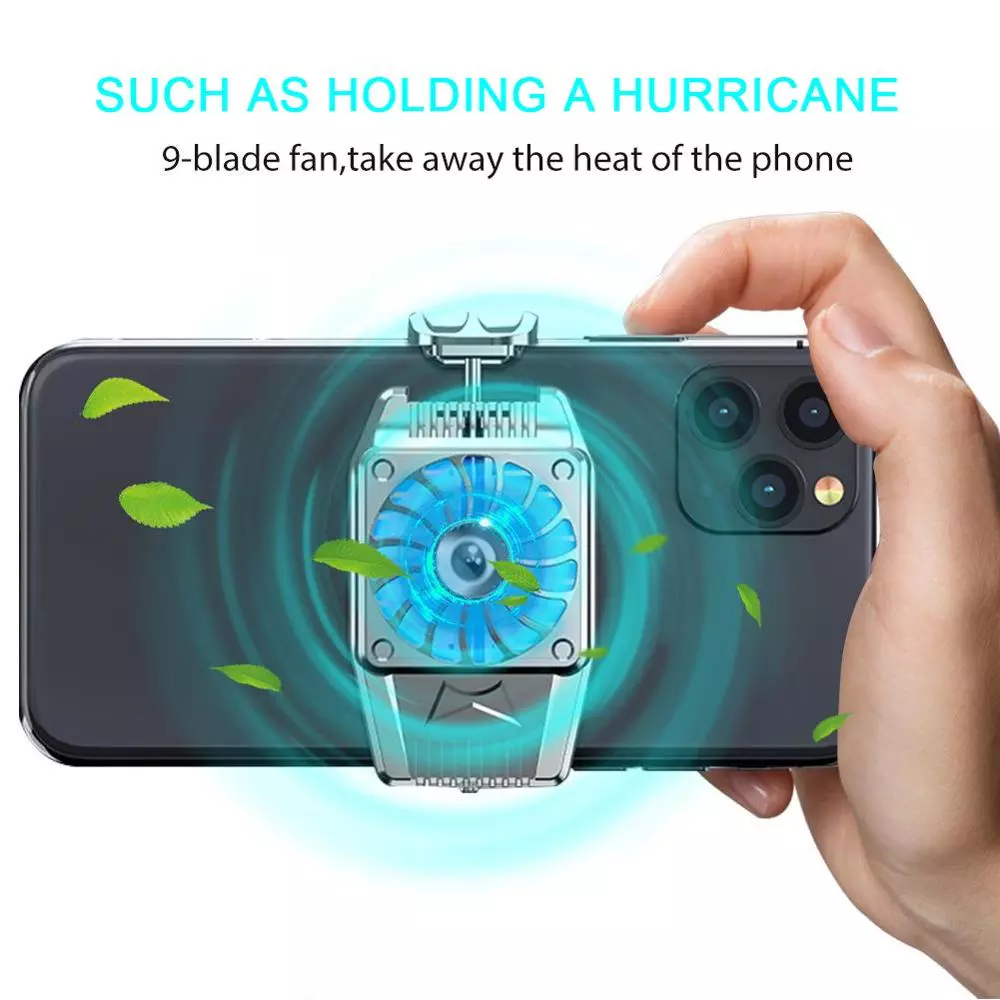 Hand holds a phone with a glowing blue 9-blade fan attached, surrounded by green leaves.