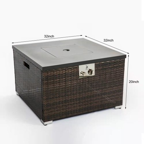 Brown wicker fire pit table with a metal top, 32x32x20 inches, featuring control knobs.
