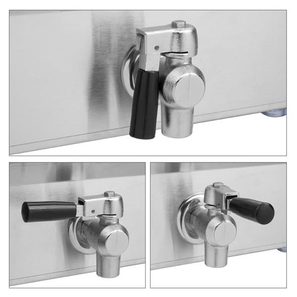 Chrome beer taps with black handles on a metal surface in three different angles.