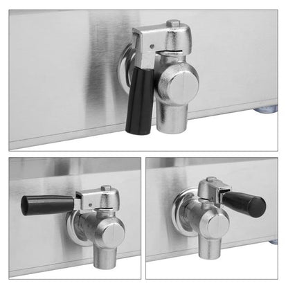 Chrome beer taps with black handles on a metal surface in three different angles.