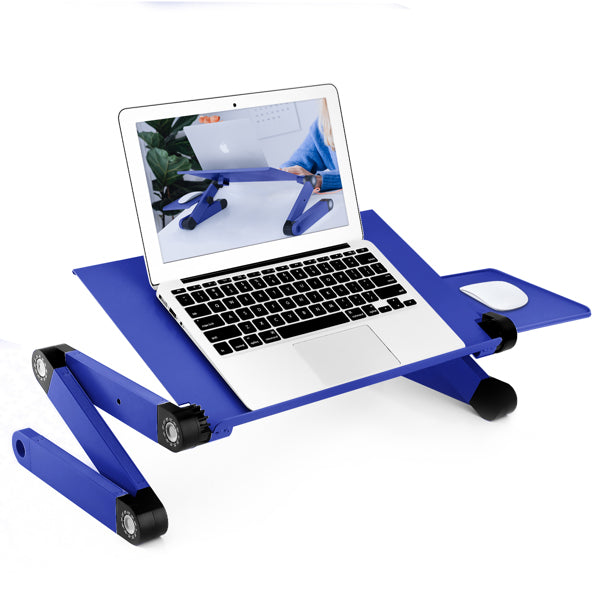 Adjustable blue laptop stand with an open laptop and side mouse pad.