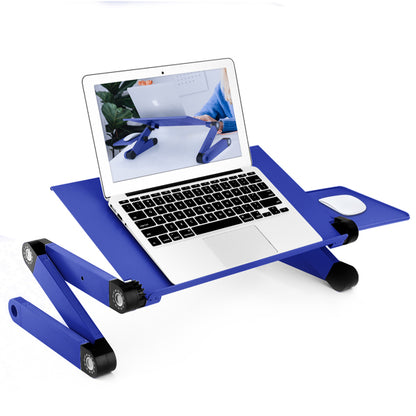 Adjustable blue laptop stand with an open laptop and side mouse pad.