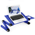 Adjustable blue laptop stand with an open laptop and side mouse pad.
