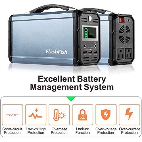 Silver and black portable power station with outlets, handle, and digital display. Features included.
