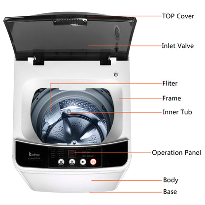 Top-loading white washing machine with open lid, labeled parts, and digital control panel visible.