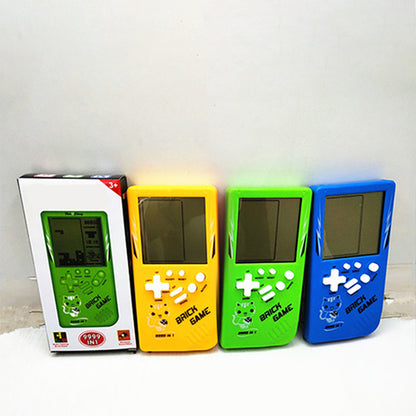 Four colorful handheld brick game consoles: yellow, green, blue, and boxed green.