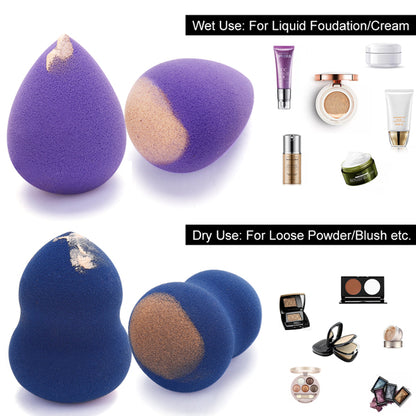 Purple and blue makeup sponges, labeled for liquid vs. powder application.