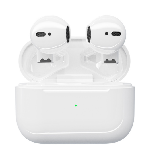 White wireless earbuds in an open charging case with a green indicator light.