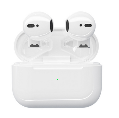 White wireless earbuds in an open charging case with a green indicator light.