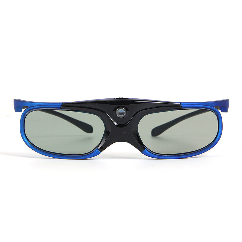 Sleek black-and-blue glasses with green-tinted lenses and a small lens on the bridge.