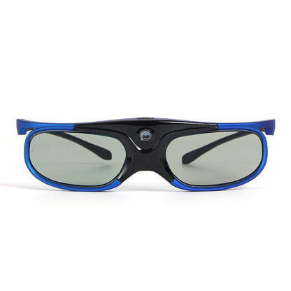 Sleek black-and-blue glasses with green-tinted lenses and a small lens on the bridge.