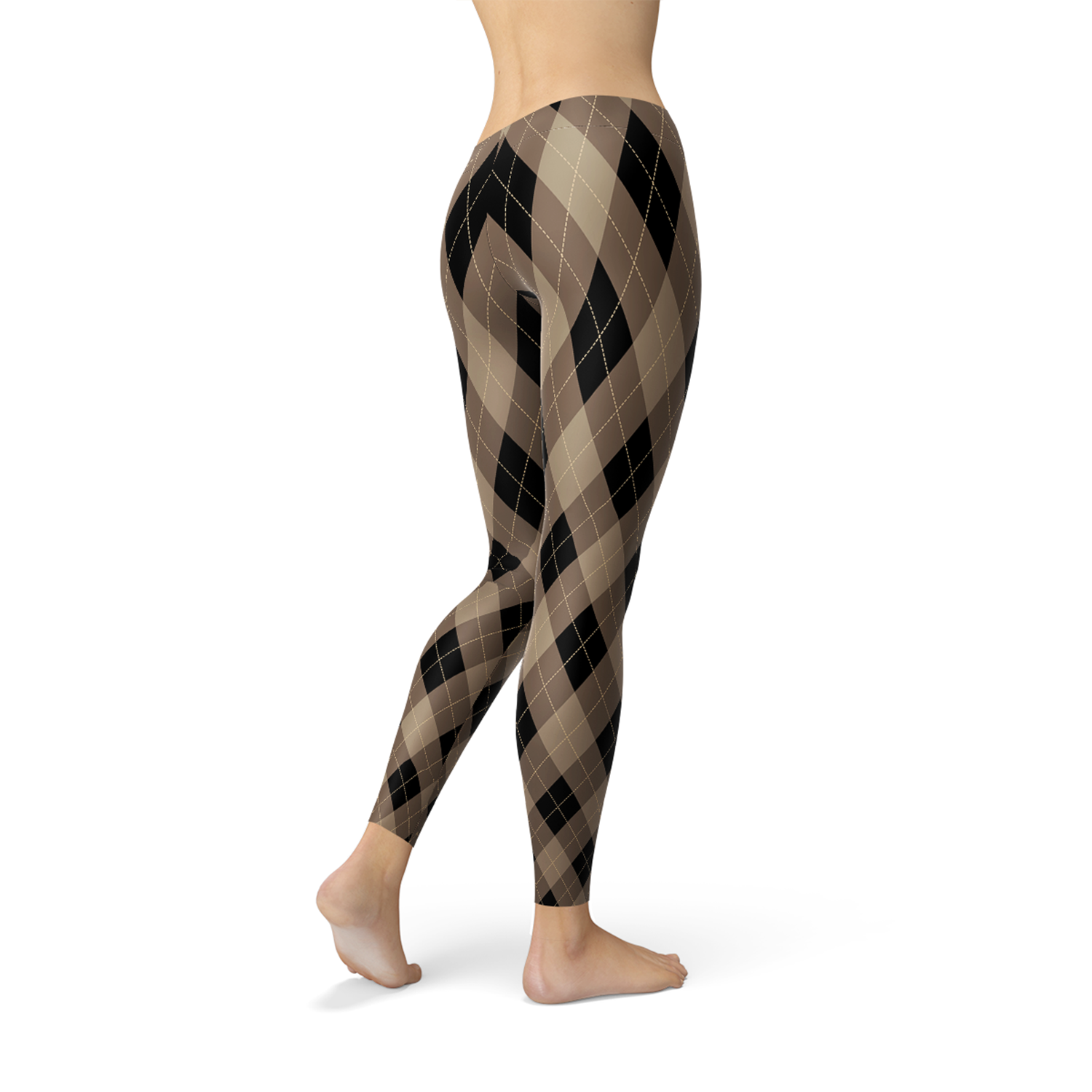 Back view of person wearing beige and black argyle pattern leggings, standing on one foot.