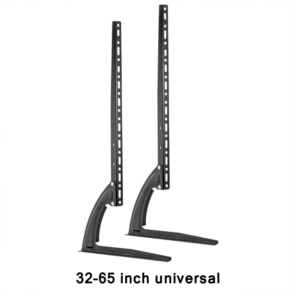 Two black metal TV stands for 32-65 inch screens, with a modern, streamlined design.