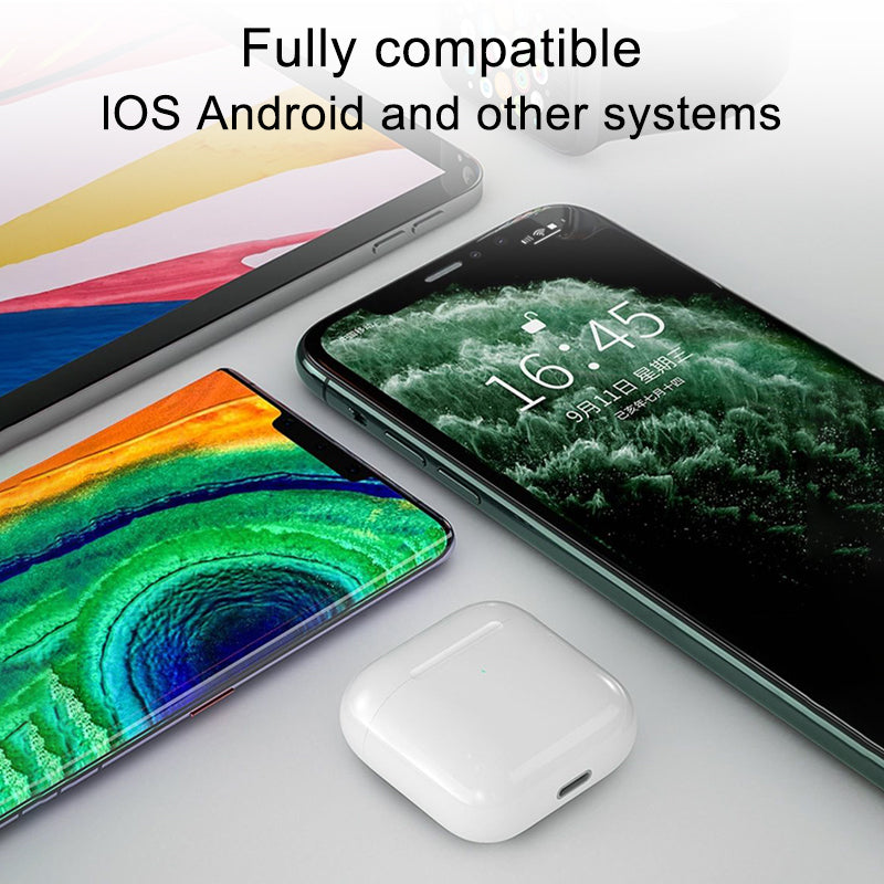 Smartphones and a tablet with vibrant screens beside white wireless earbuds on a light surface.