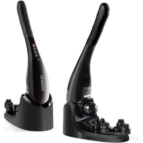 Two black handheld massagers with stands, featuring multiple buttons and textured grips.