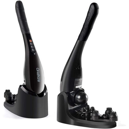 Two black handheld massagers with stands, featuring multiple buttons and textured grips.
