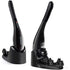 Two black handheld massagers with stands, featuring multiple buttons and textured grips.