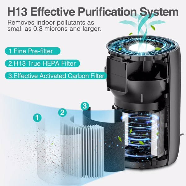 Air purifier with open view showing three labeled filters: pre-filter, HEPA, and carbon. Blue accents.