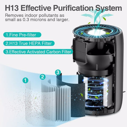 Air purifier with open view showing three labeled filters: pre-filter, HEPA, and carbon. Blue accents.