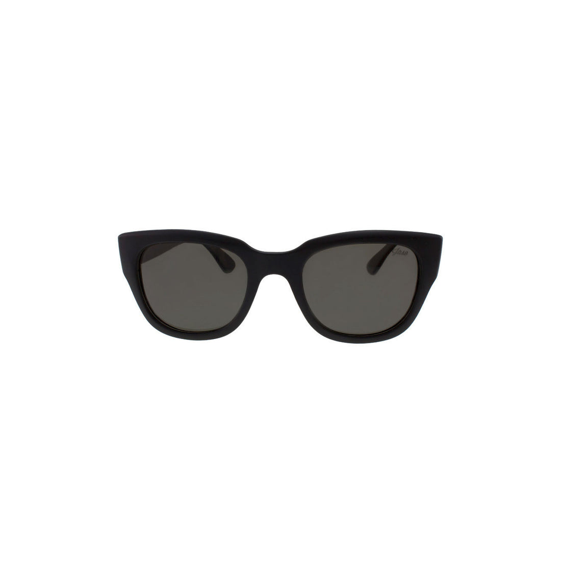 Black cat-eye sunglasses with dark lenses on a white background.