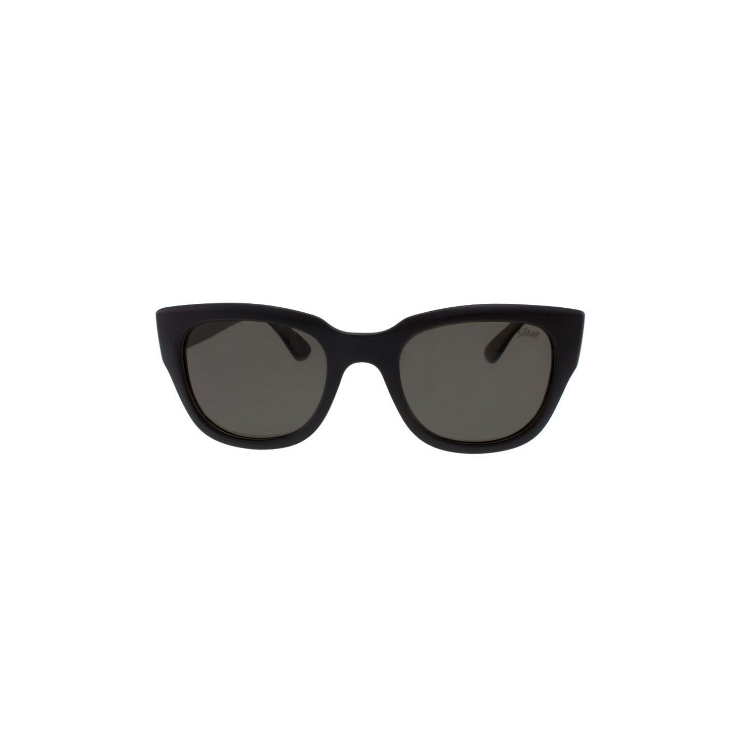 Black cat-eye sunglasses with dark lenses on a white background.