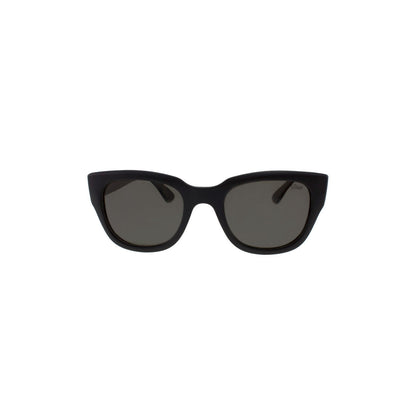 Black cat-eye sunglasses with dark lenses on a white background.