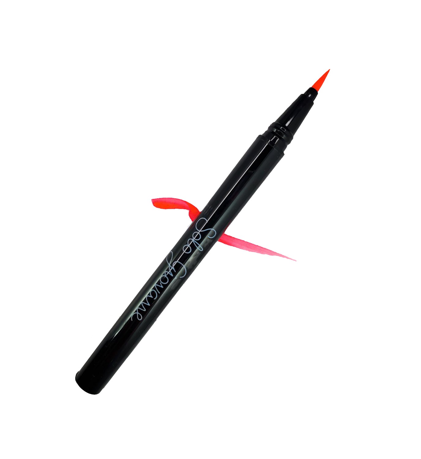 Black eyeliner pen with a red tip and a swirled red stroke on a white background.