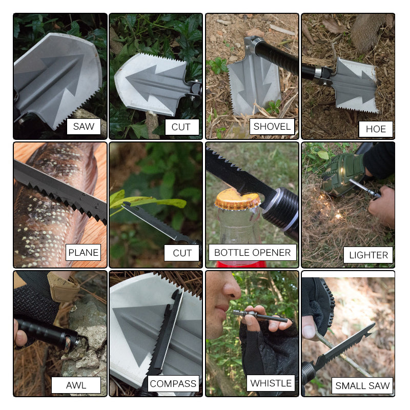 Collage of multifunctional tool uses: saw, cut, shovel, hoe, plane, bottle opener, lighter, awl, compass, whistle, small saw.