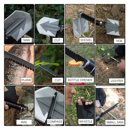 Collage of multifunctional tool uses: saw, cut, shovel, hoe, plane, bottle opener, lighter, awl, compass, whistle, small saw.