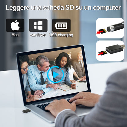 Laptop with SD card reader icons, person typing, video conference screen, and text in Italian.