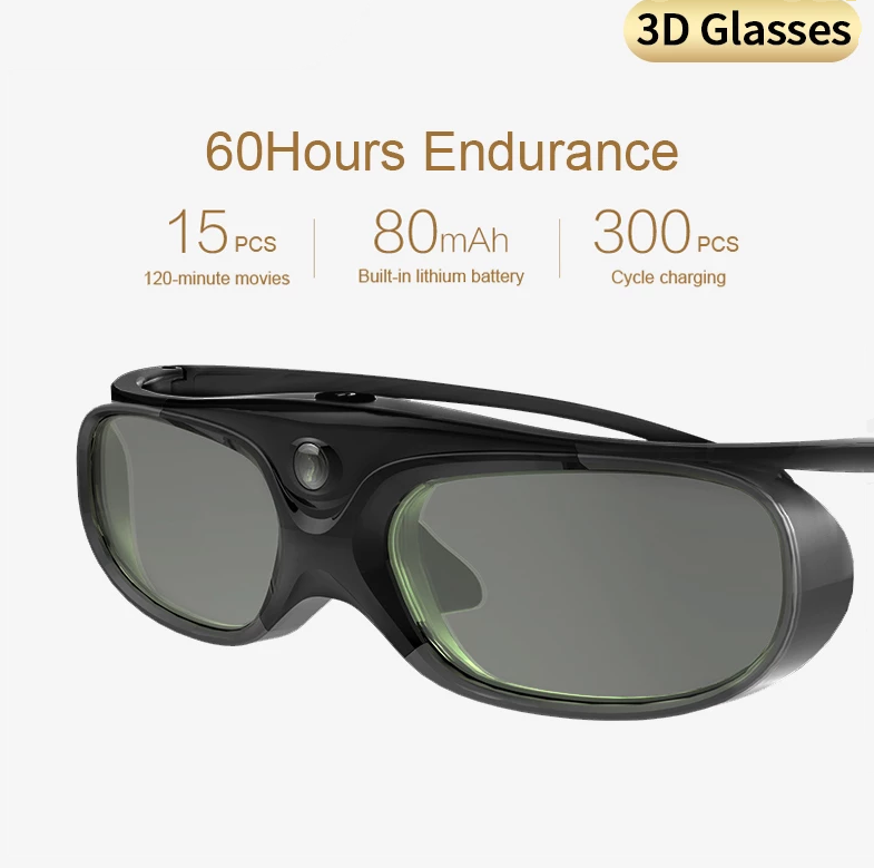 Black 3D glasses with dark lenses; text highlights 60-hour use, 80mAh battery, and 300 charge cycles.