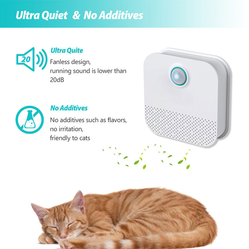 White air purifier with a blue light, text highlights ultra-quiet and additive-free, sleeping orange cat.