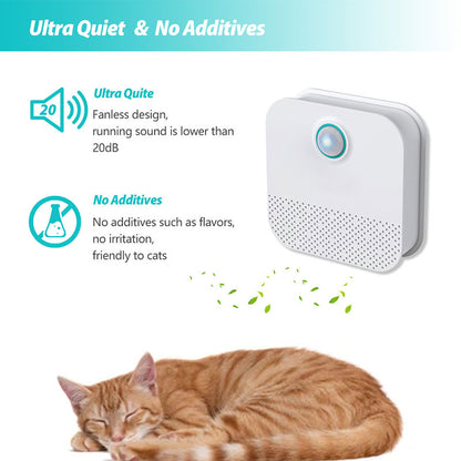 White air purifier with a blue light, text highlights ultra-quiet and additive-free, sleeping orange cat.