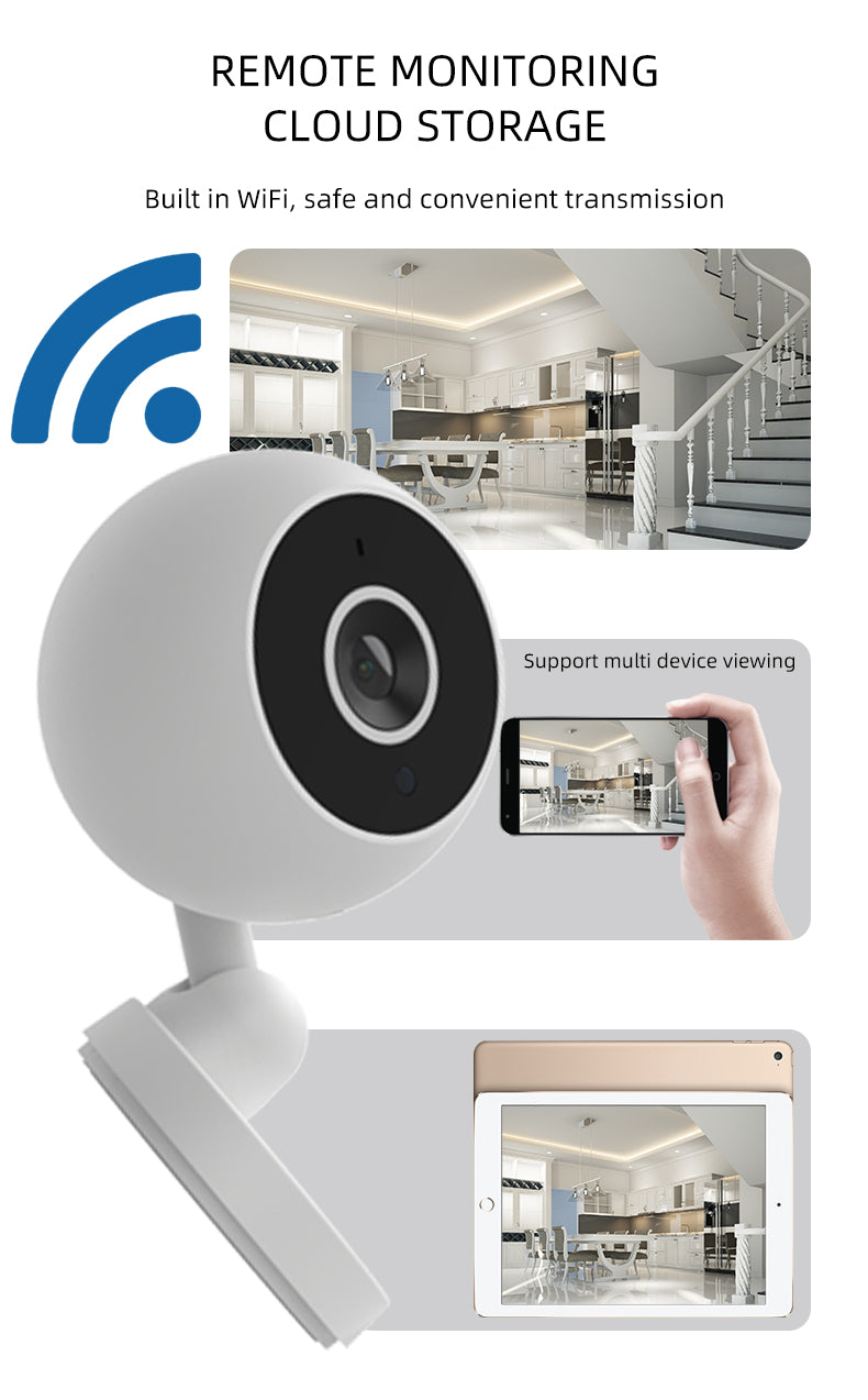 White security camera with a black lens, displaying a kitchen on a phone and tablet screen.