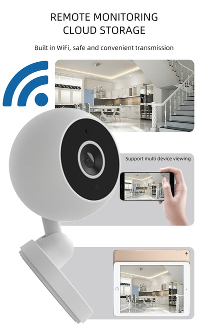 White security camera with a black lens, displaying a kitchen on a phone and tablet screen.