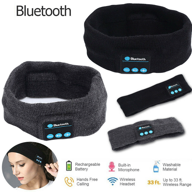 Black and gray Bluetooth headbands with control panel, icons show features like wireless and washable.