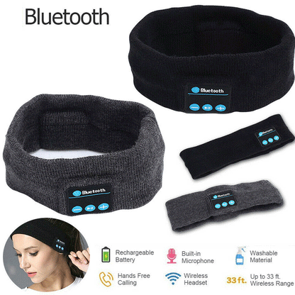 Black and gray Bluetooth headbands with control panel, icons show features like wireless and washable.
