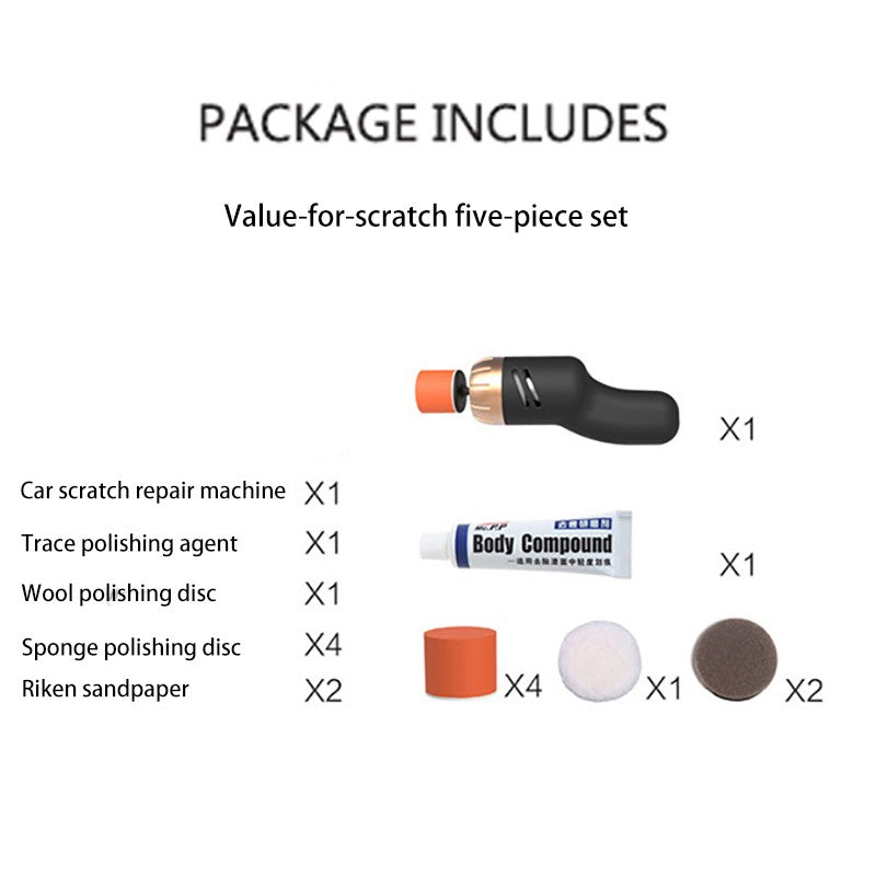 Car scratch repair kit with machine, polish, wool disc, sponge discs, and sandpaper.