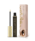 Gold-capped black mascara tube with fine brush beside a floral-patterned box featuring an eye.