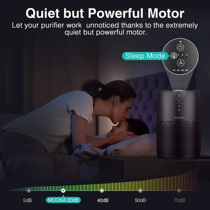 Dark room with a black air purifier in "Sleep Mode," and a person kissing a child goodnight.