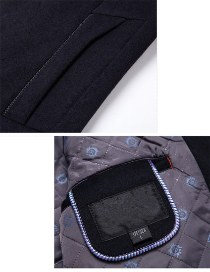 Close-up of a dark fabric pocket and quilted lining with blue patterns and a purple-trimmed pocket.