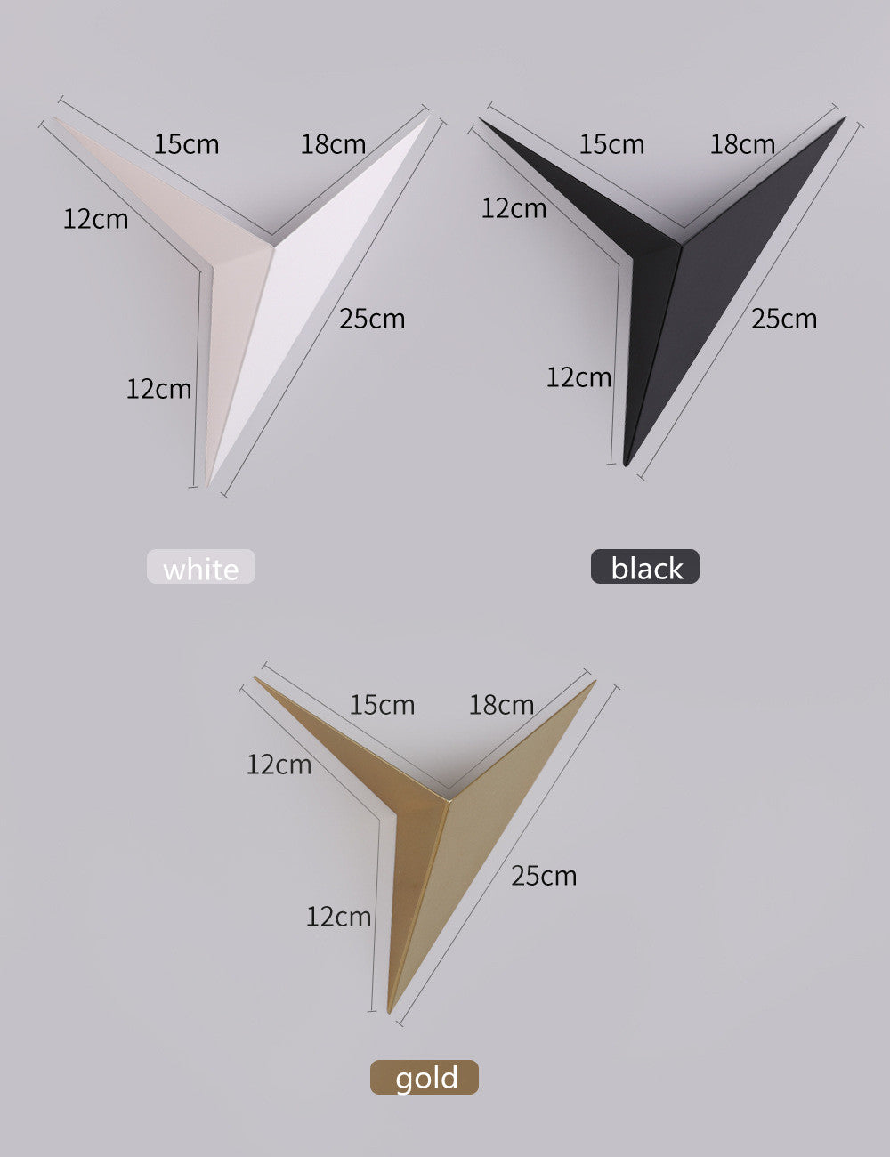 Three Y-shaped wall lights in white, black, and gold with dimensions labeled in centimeters.