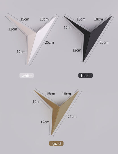 Three Y-shaped wall lights in white, black, and gold with dimensions labeled in centimeters.