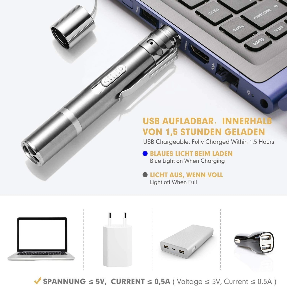 Silver USB pen charging via laptop, with blue light indicator and charging icons below.