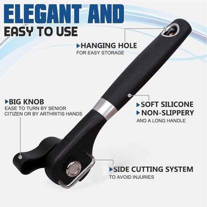 Black ergonomic can opener with soft silicone handle and a hanging hole for easy storage.