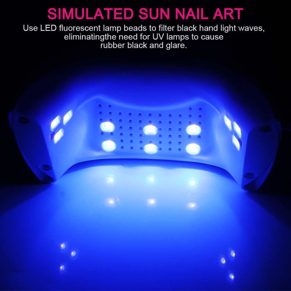 Blue LED nail lamp with multiple lights inside, glowing on a reflective surface.