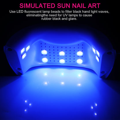 Blue LED nail lamp with multiple lights inside, glowing on a reflective surface.