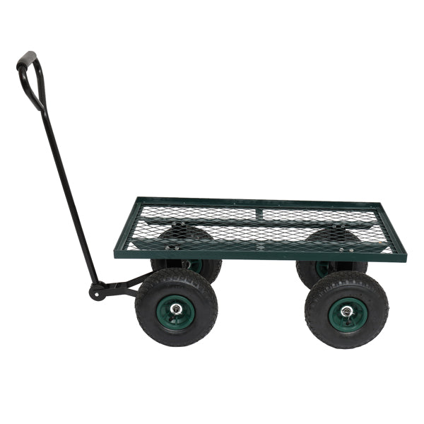 A green metal garden cart with black handle and four large black wheels.