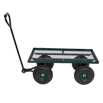 A green metal garden cart with black handle and four large black wheels.