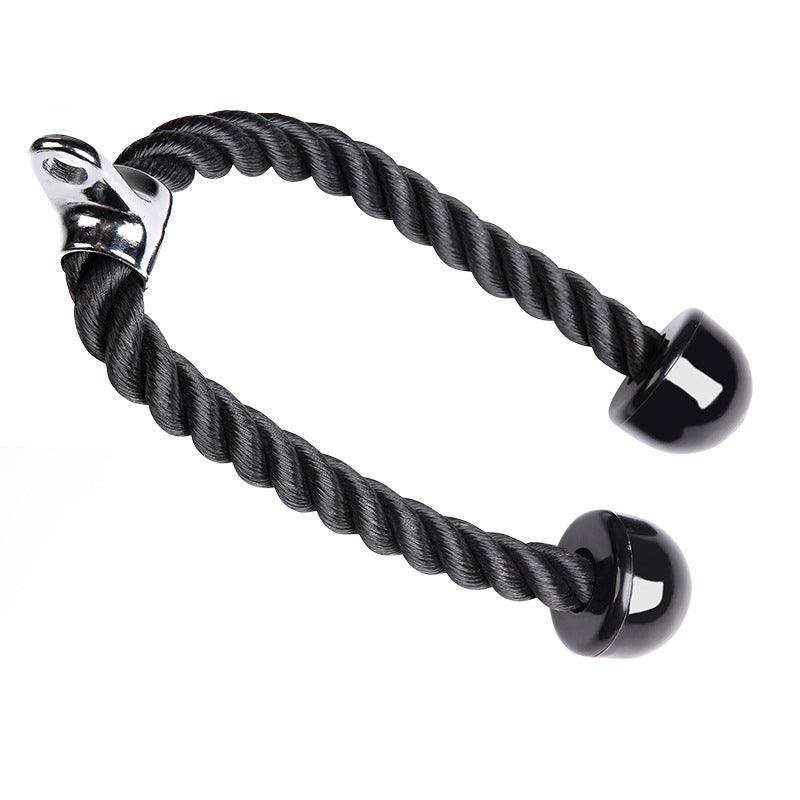 Black twisted rope with shiny chrome attachment and round black ends, against a white background.